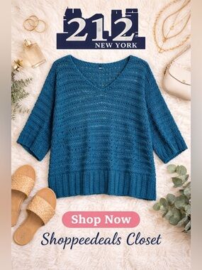 212 New York Open Knit Sweater Teal Blue XLG Boho Oversized Top